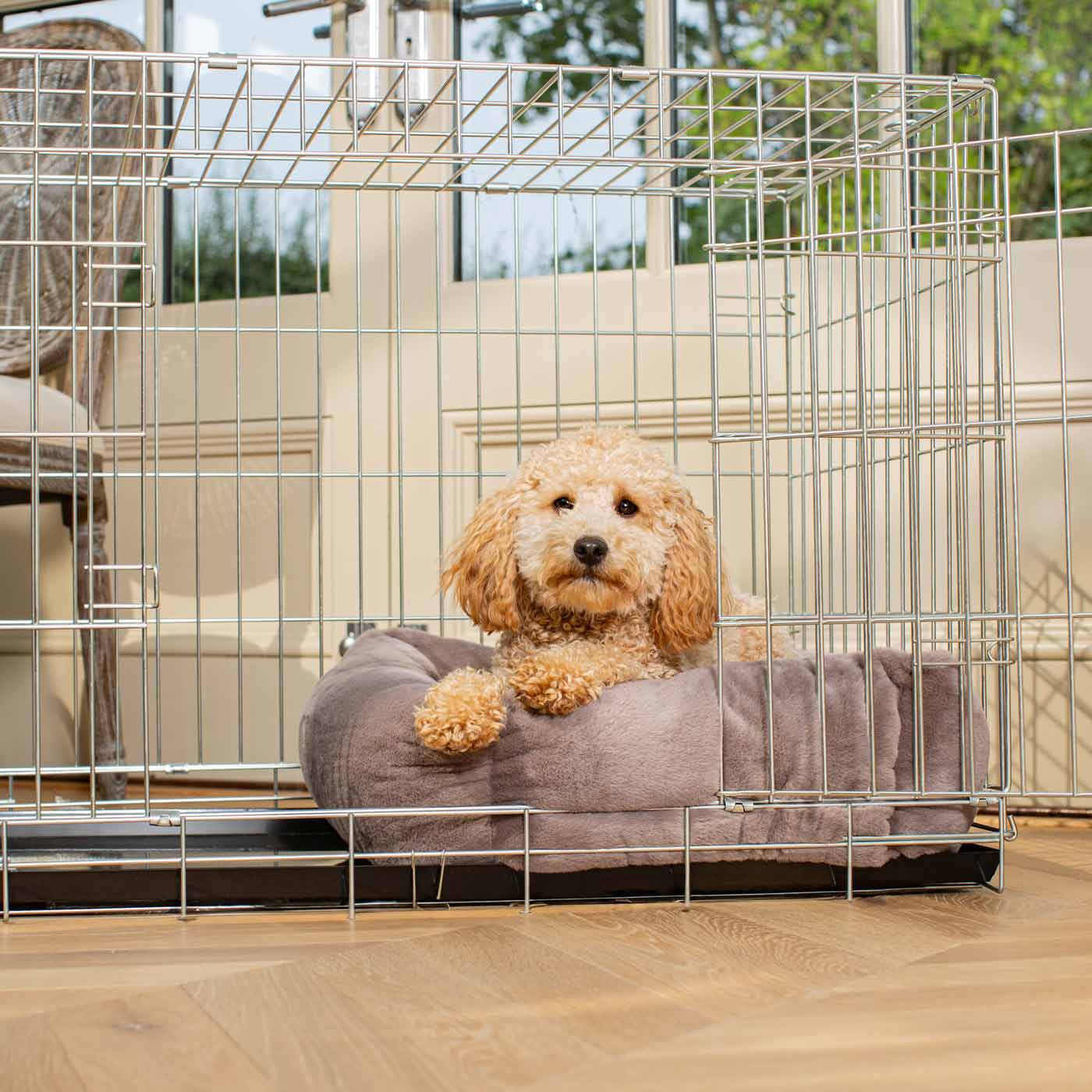 Cozy & Calming Puppy Cage Bed in Calming Anti-Anxiety Fawn Faux Fur by Lords & Labradors