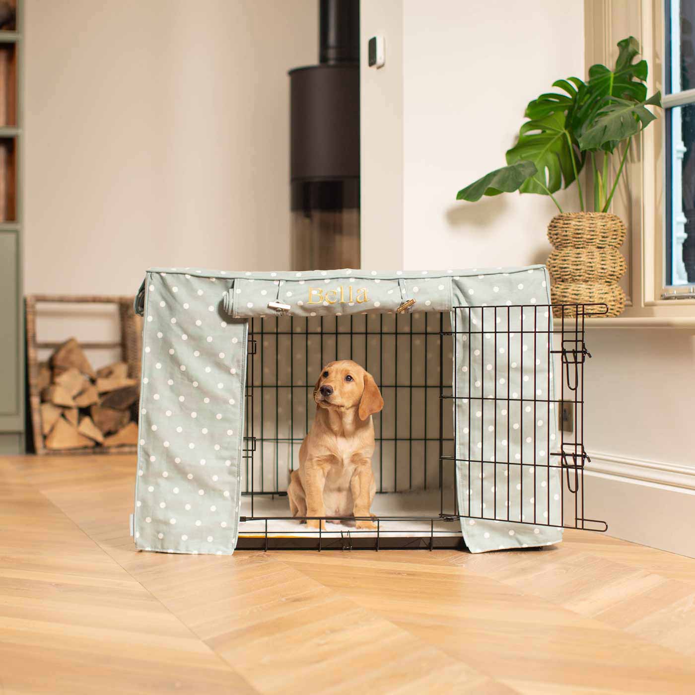 Luxury Black Dog Cage With Cage Cover, in Duck Egg Spot. The Perfect Dog Crate For The Ultimate Naptime, Available Now to Personalize at Lords & Labradors US