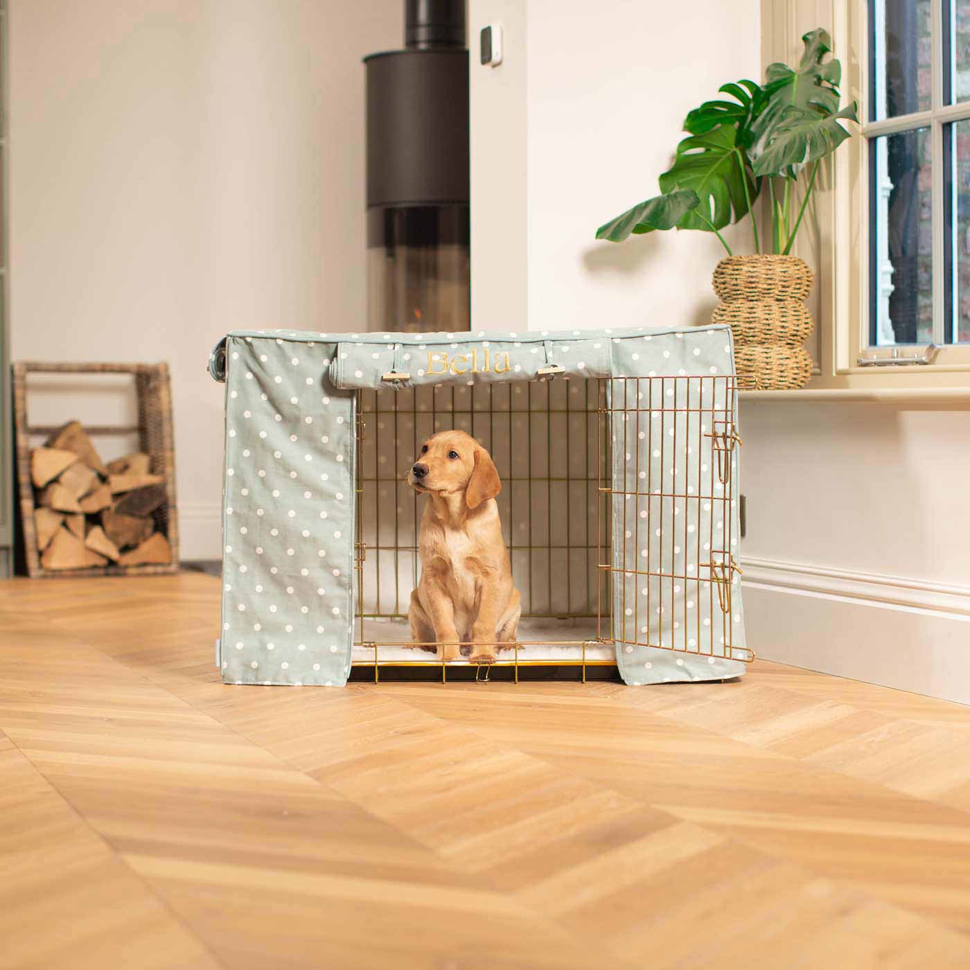 Luxury Gold Dog Cage With Cage Cover, in Duck Egg Spot. The Perfect Dog Crate For The Ultimate Naptime, Available Now to Personalize at Lords & Labradors US
