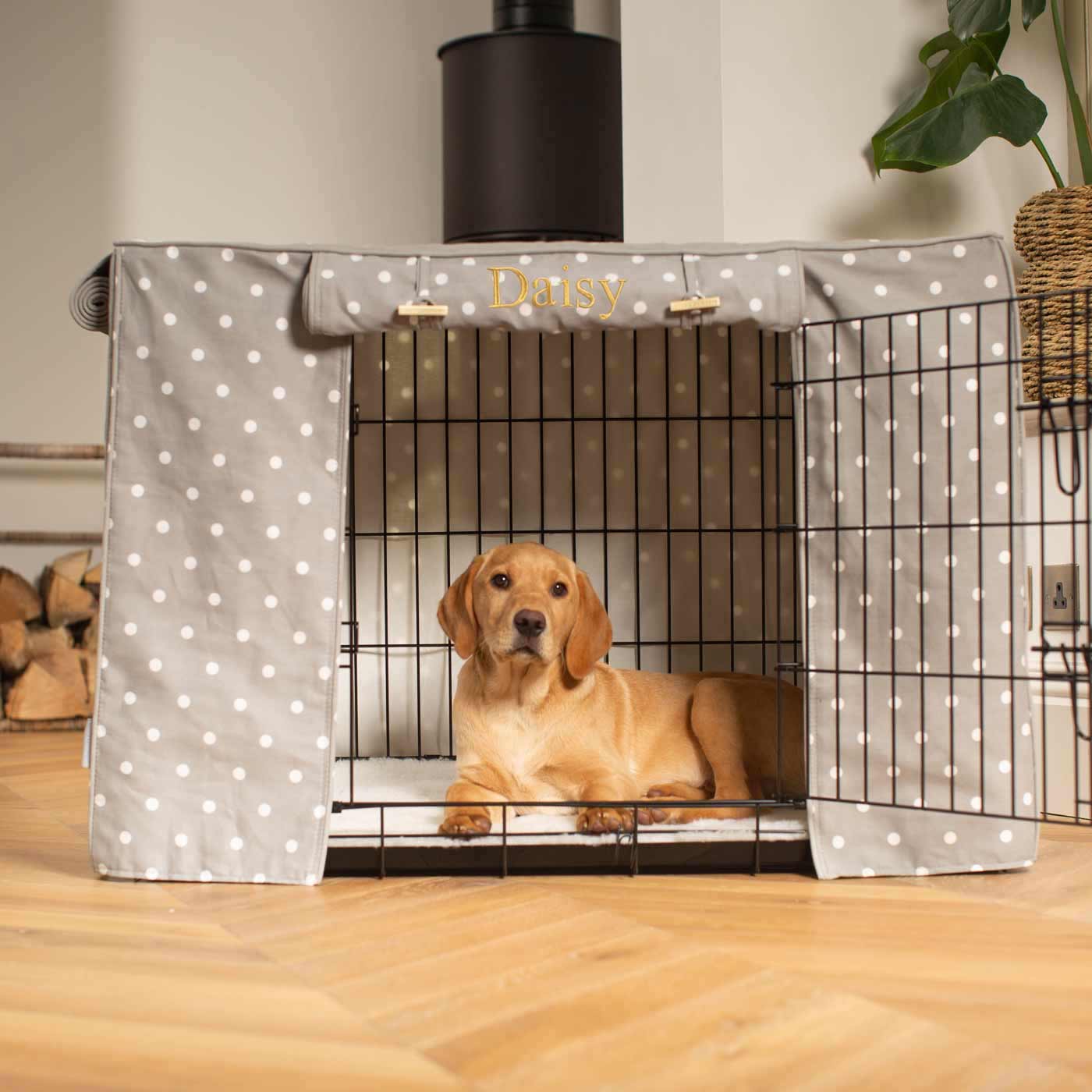 Luxury Dog Cage Cover, Grey Spot Cotton Cage Cover The Perfect Dog Cage Accessory, Available To Personalize Now at Lords & Labradors US