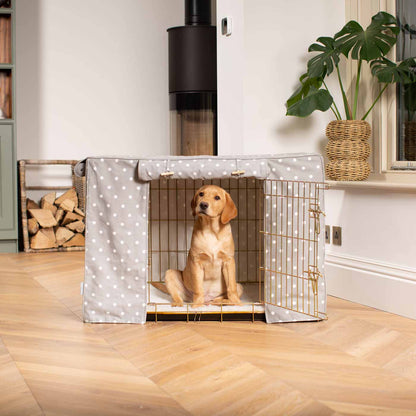 Luxury Gold Dog Cage With Grey Spot Cage Cover, The Perfect Dog Crate For The Ultimate Naptime, Available Now at Lords & Labradors US