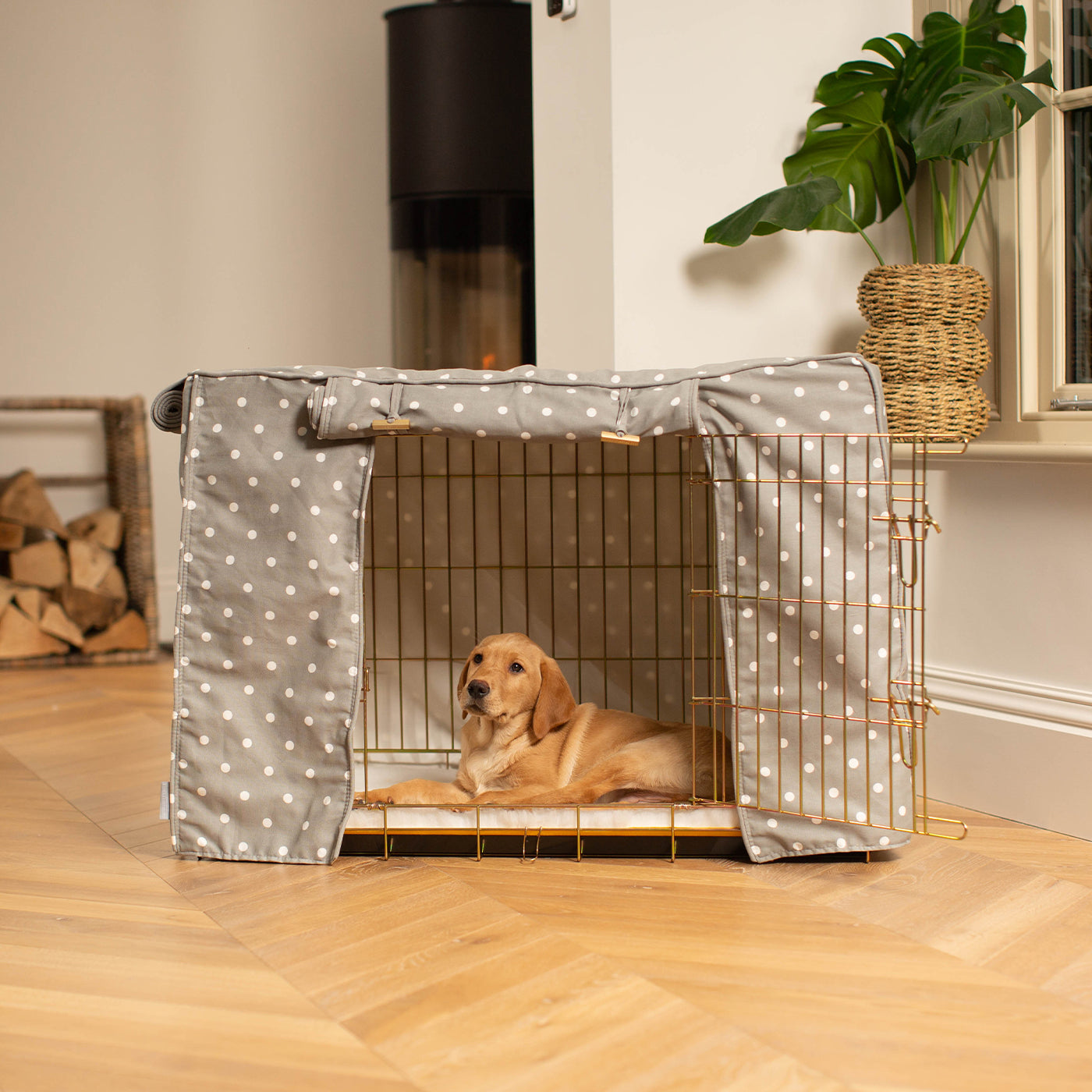 Luxury Gold Dog Cage With Grey Spot Cage Cover, The Perfect Dog Crate For The Ultimate Naptime, Available Now at Lords & Labradors US