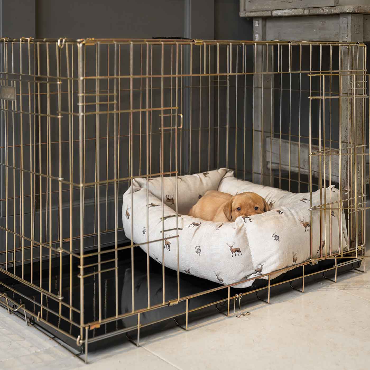  Cosy & Calm Puppy Crate Bed, The Perfect Dog Crate Accessory For The Ultimate Dog Den! In Stunning Woodland Stag! Available To Personalise at Lords & Labradors 