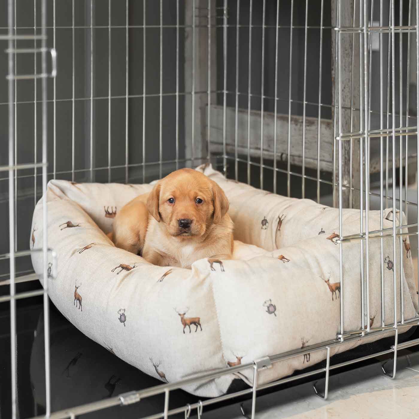 Cozy & Calming Puppy Cage Bed, The Perfect Dog Cage Accessory For The Ultimate Dog Den! In Stunning woodland Stag! Now Available to Personalize at Lords & Labradors US