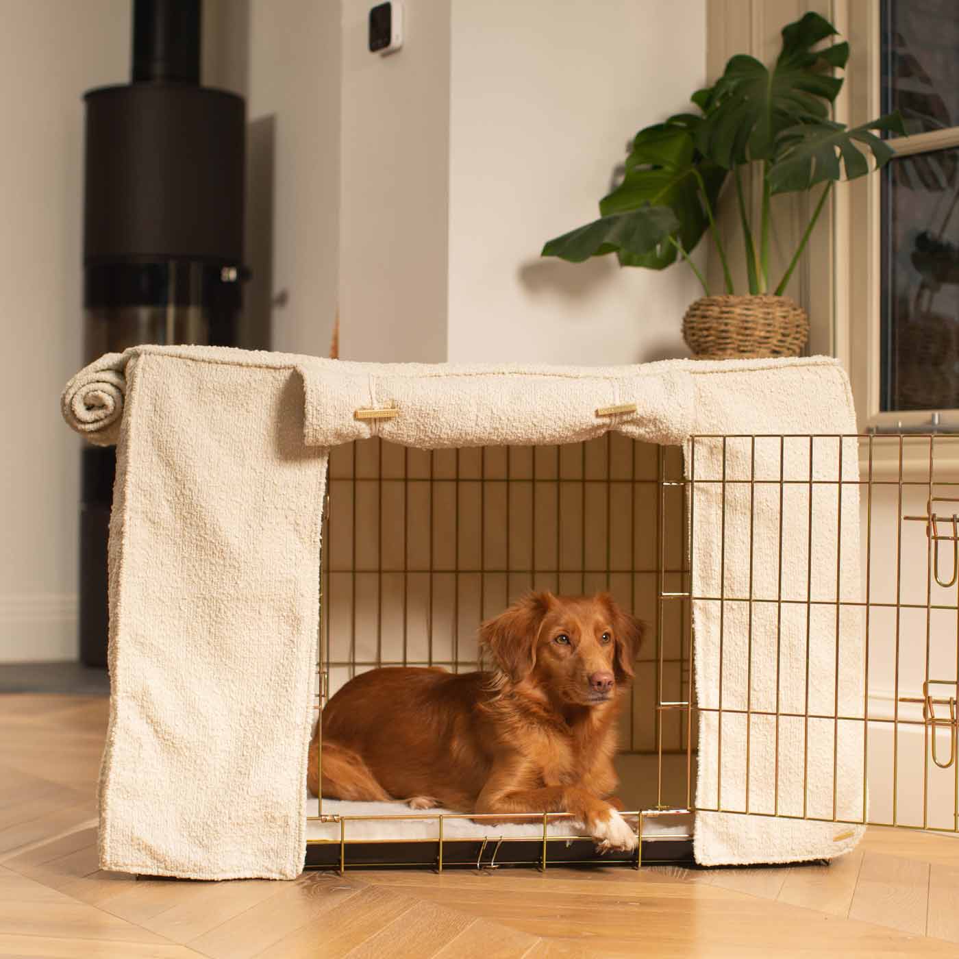 Gold Dog Cage with Cage Cover in Bouclé by Lords & Labradors