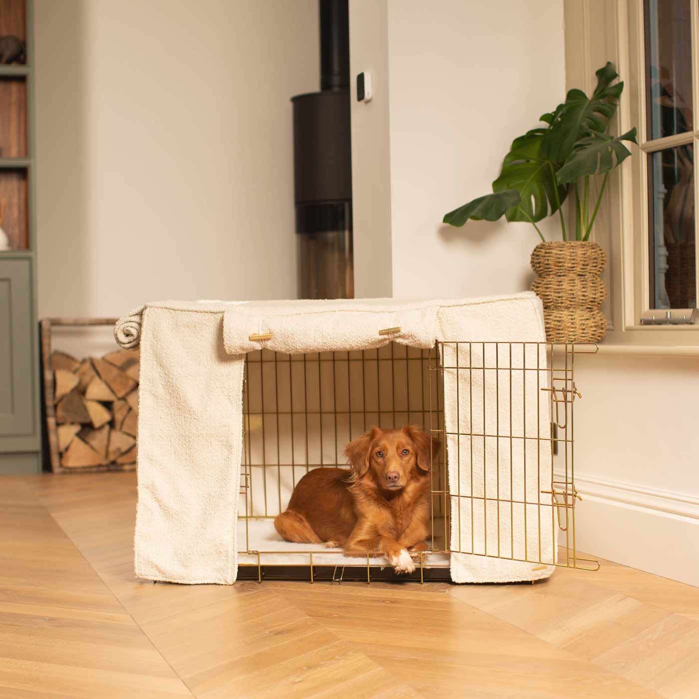 Discover Our Gold Heavy-Duty Dog Cage With Ivory Bouclé Cage Cover! The Perfect Cage Accessory For The Ultimate Pet Den. Available To Personalize Here at Lords & Labradors US