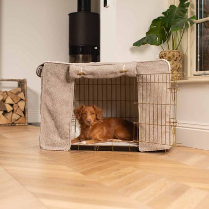 Discover Our Gold Heavy-Duty Dog Cage With Mink Bouclé Cage Cover! The Perfect Cage Accessory For The Ultimate Pet Den. Available To Personalize Here at Lords & Labradors US
