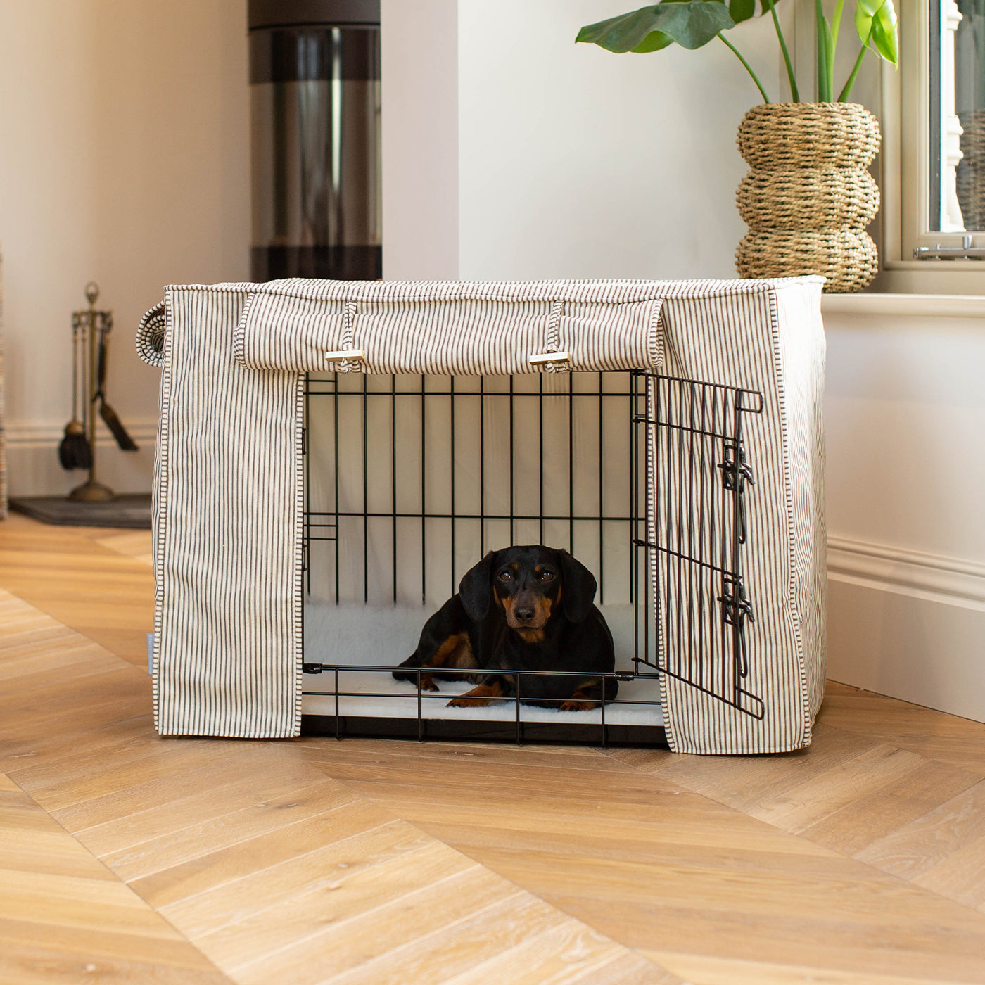 Luxury Black Dog Cage Set With Cushion, Bumper and Cage Cover, in Regency Stripe. The Perfect Dog Cage For The Ultimate Naptime, Available Now at Lords & Labradors US