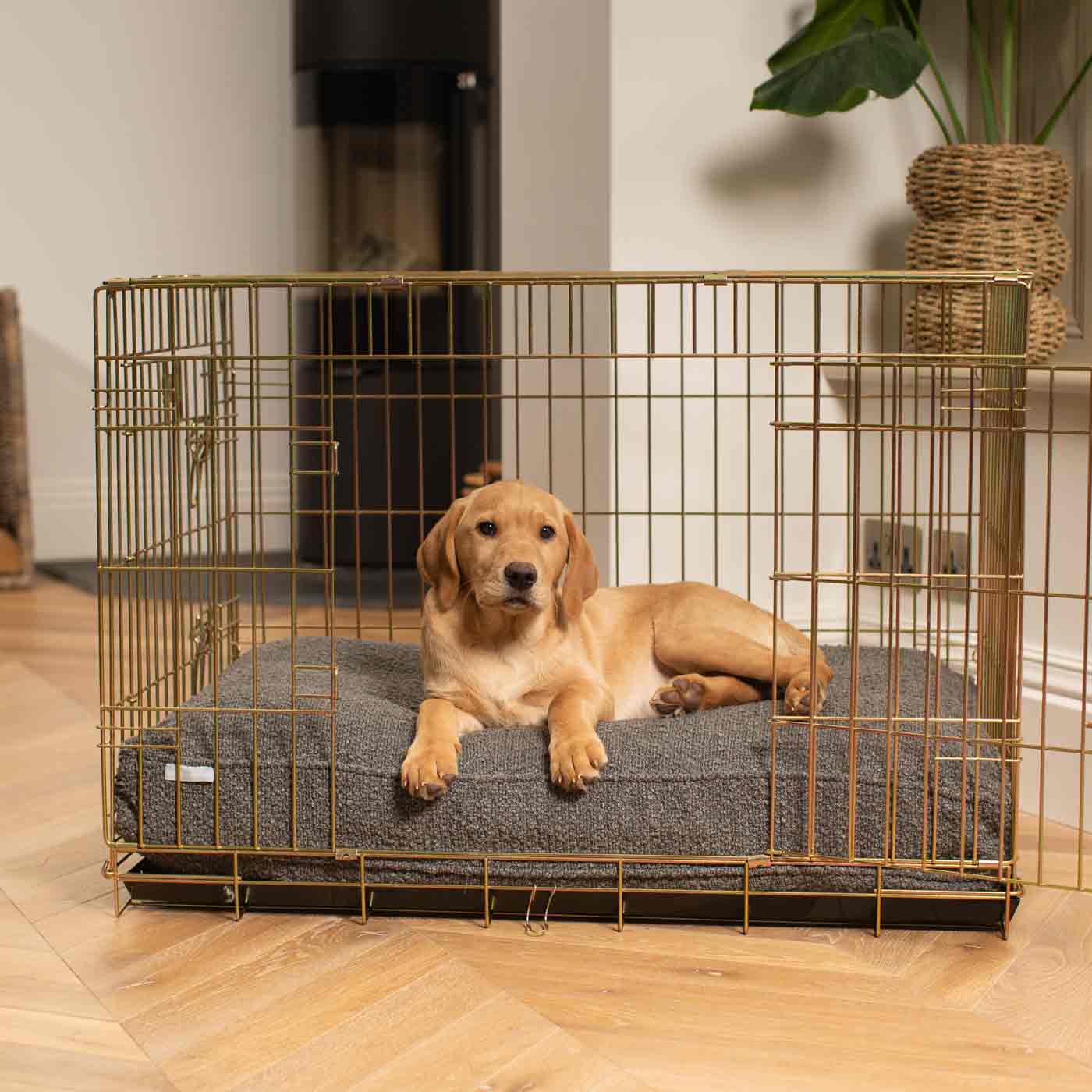 Discover Our Heavy-Duty Dog Cage With Luxury Dog Cushion Set! The Perfect Cage Accessory For Pet Burrow. Available To Personalize In Stunning Ivory, Mink, Granite Bouclé Here at Lords & Labradors US