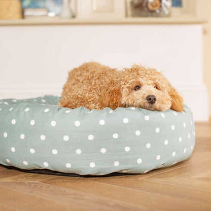 Discover Our Handmade Luxury Donut Dog Bed, In Duck Egg Spot, The Perfect Choice For Puppies Available Now at Lords & Labradors US