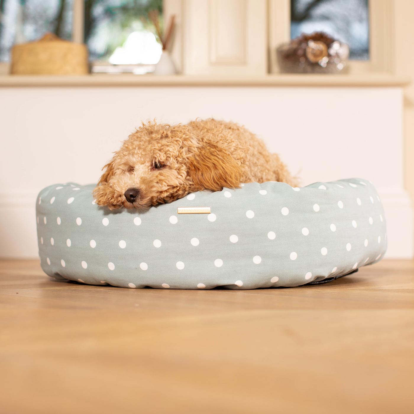 Discover Our Handmade Luxury Donut Dog Bed, In Duck Egg Spot, The Perfect Choice For Puppies Available Now at Lords & Labradors US