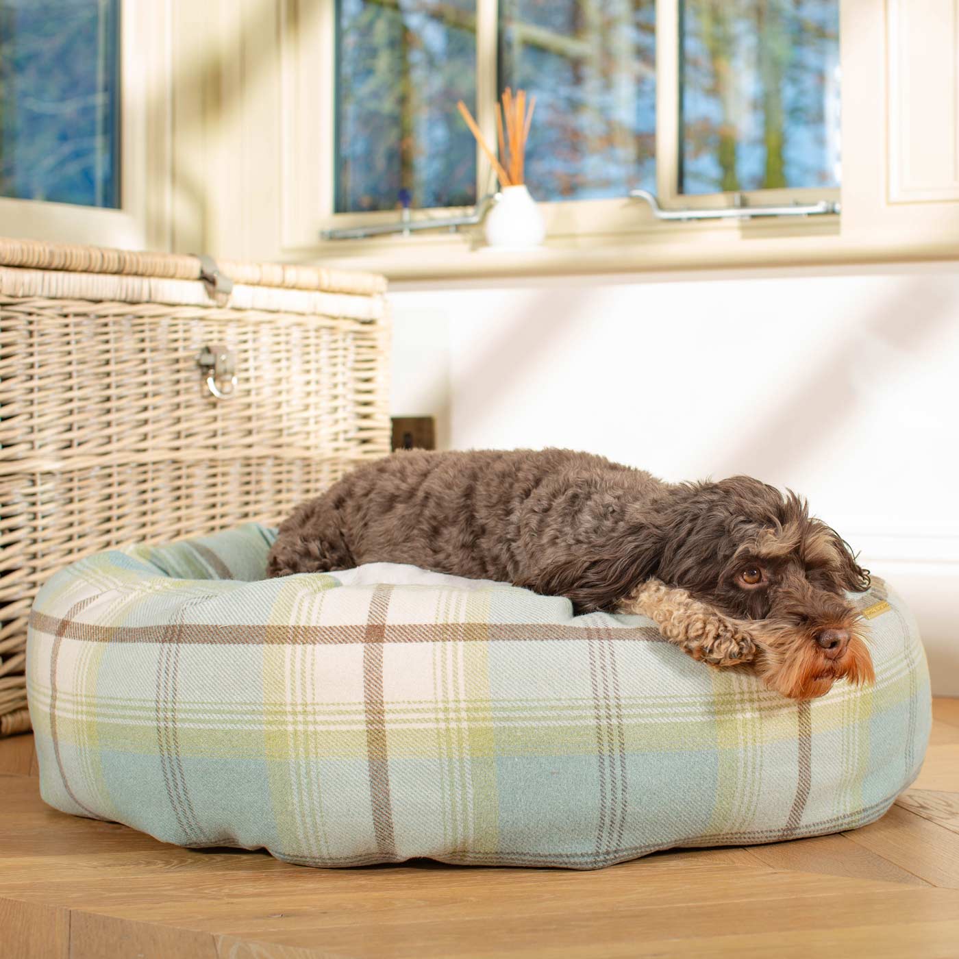 Discover Our Handmade Luxury Donut Dog Bed, In Duck Egg Tweed, The Perfect Choice For Puppies Available Now at Lords & Labradors US