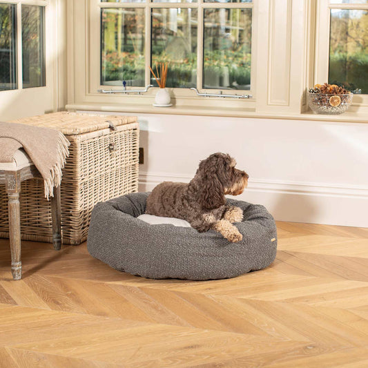 Discover Our Handmade Luxury Donut Dog Bed, In Granite Bouclé, The Perfect Choice For Puppies Available Now at Lords & Labradors US