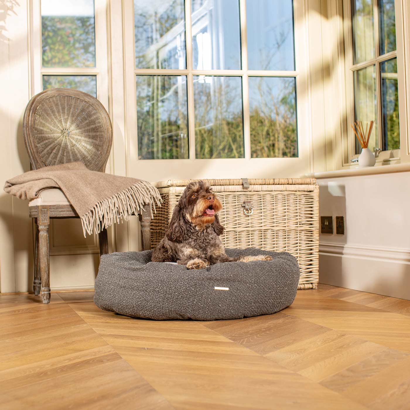 Discover Our Handmade Luxury Donut Dog Bed, In Granite Bouclé, The Perfect Choice For Puppies Available Now at Lords & Labradors US