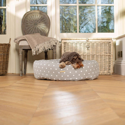 Discover Our Handmade Luxury Donut Dog Bed, In Grey Spot, The Perfect Choice For Puppies Available Now at Lords & Labradors US