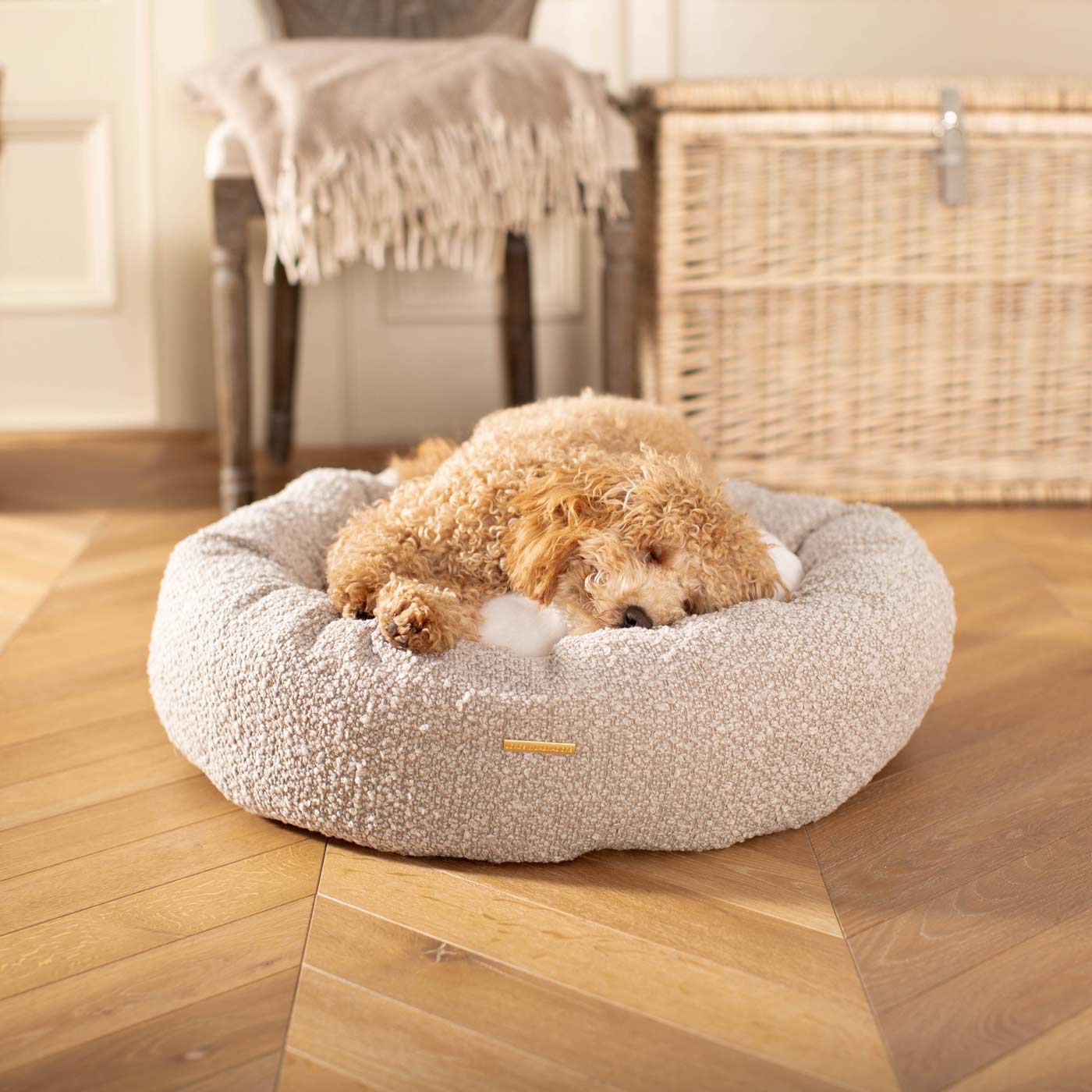Discover Our Handmade Luxury Donut Dog Bed, In Mink Bouclé, The Perfect Choice For Puppies Available Now at Lords & Labradors US