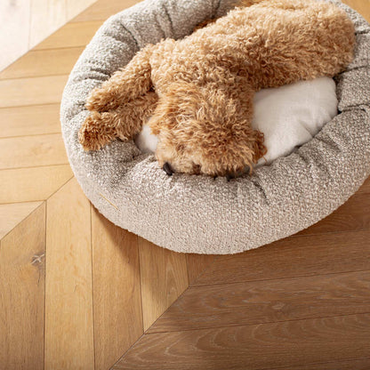 Discover Our Handmade Luxury Donut Dog Bed, In Mink Bouclé, The Perfect Choice For Puppies Available Now at Lords & Labradors US