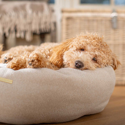 Discover Our Handmade Luxury Donut Dog Bed, In Natural Herringbone Tweed, The Perfect Choice For Puppies Available Now at Lords & Labradors US