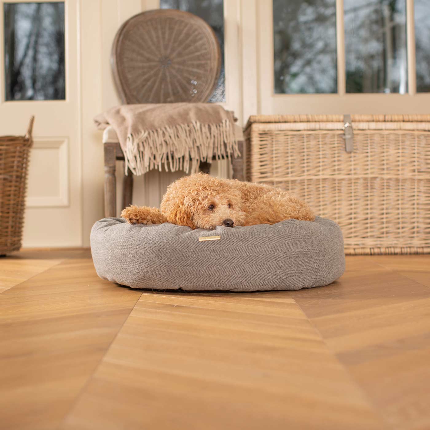 Discover Our Handmade Luxury Donut Dog Bed, In Pewter Herringbone Tweed, The Perfect Choice For Puppies Available Now at Lords & Labradors US