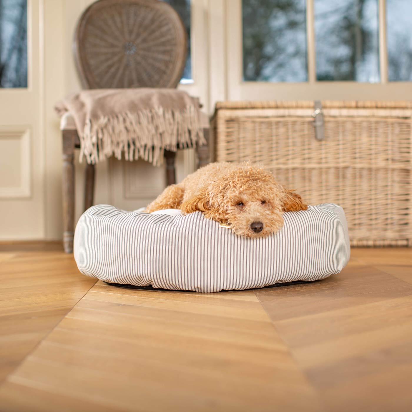 Discover Our Handmade Luxury Donut Dog Bed, In Regency Stripe, The Perfect Choice For Puppies Available Now at Lords & Labradors US