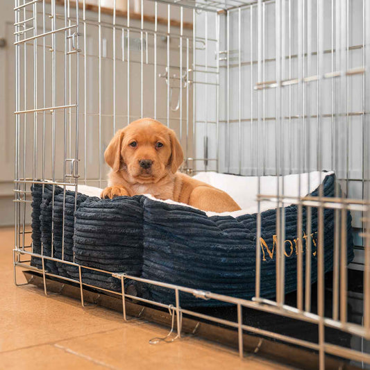 Cozy & Calm Puppy Cage Bed, The Perfect Dog Cage Accessory For The Ultimate Dog Den! In Stunning Navy Essentials Plush! Available To Personalize at Lords & Labradors US