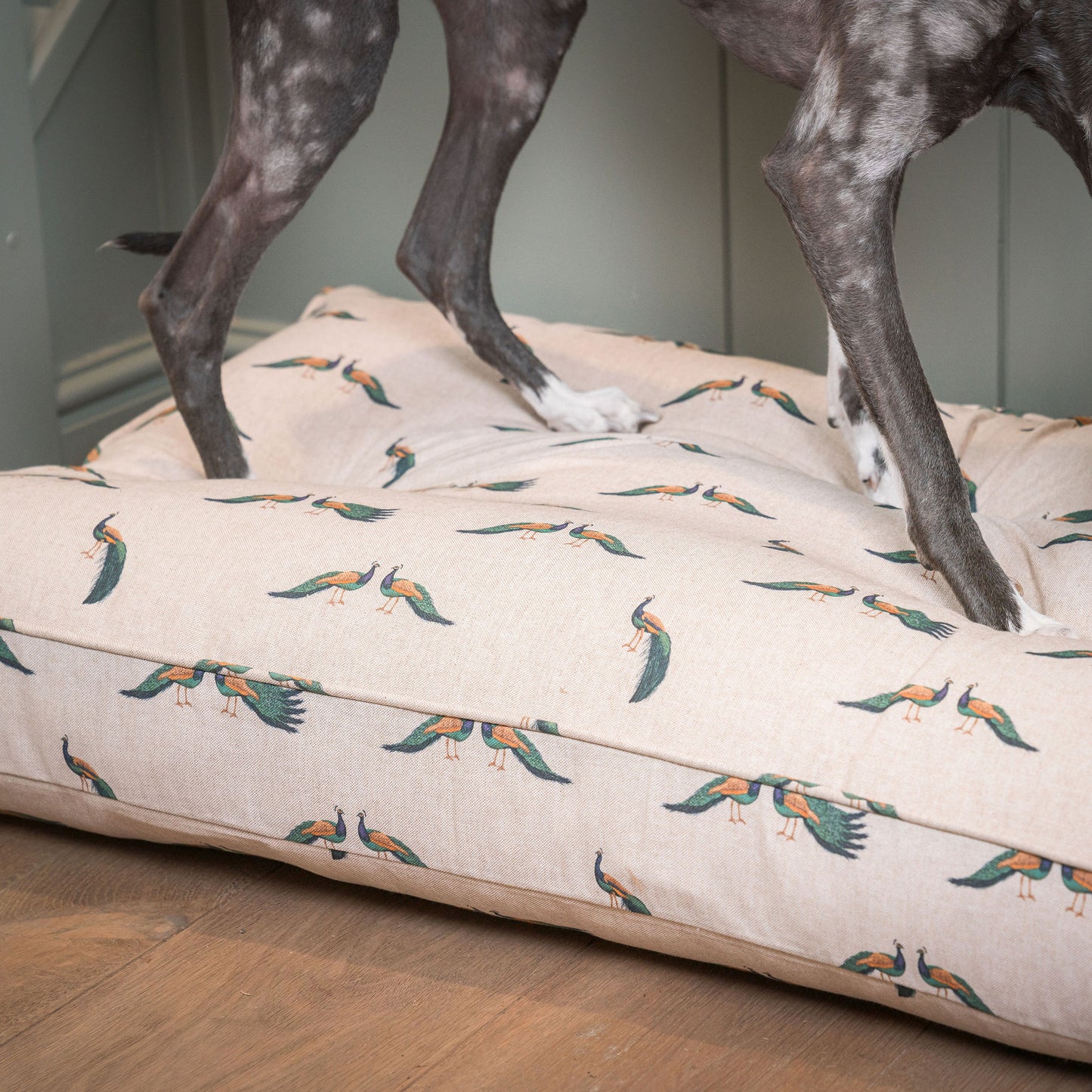 Luxury Dog Cushion, In woodland Peacock. Available For Pet Personalization, Handmade Here at Lords & Labradors US! Order The Perfect Pet Cushion Today For The Ultimate Burrow!