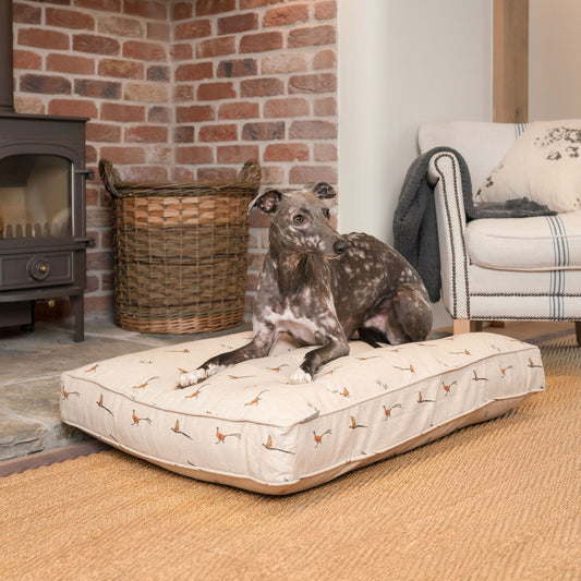 Luxury Dog Cushion, in Woodland Pheasant. Available For Pet Personalization, Handmade Here at Lords & Labradors US! Order The Perfect Pet Cushion Today For The Ultimate Burrow!