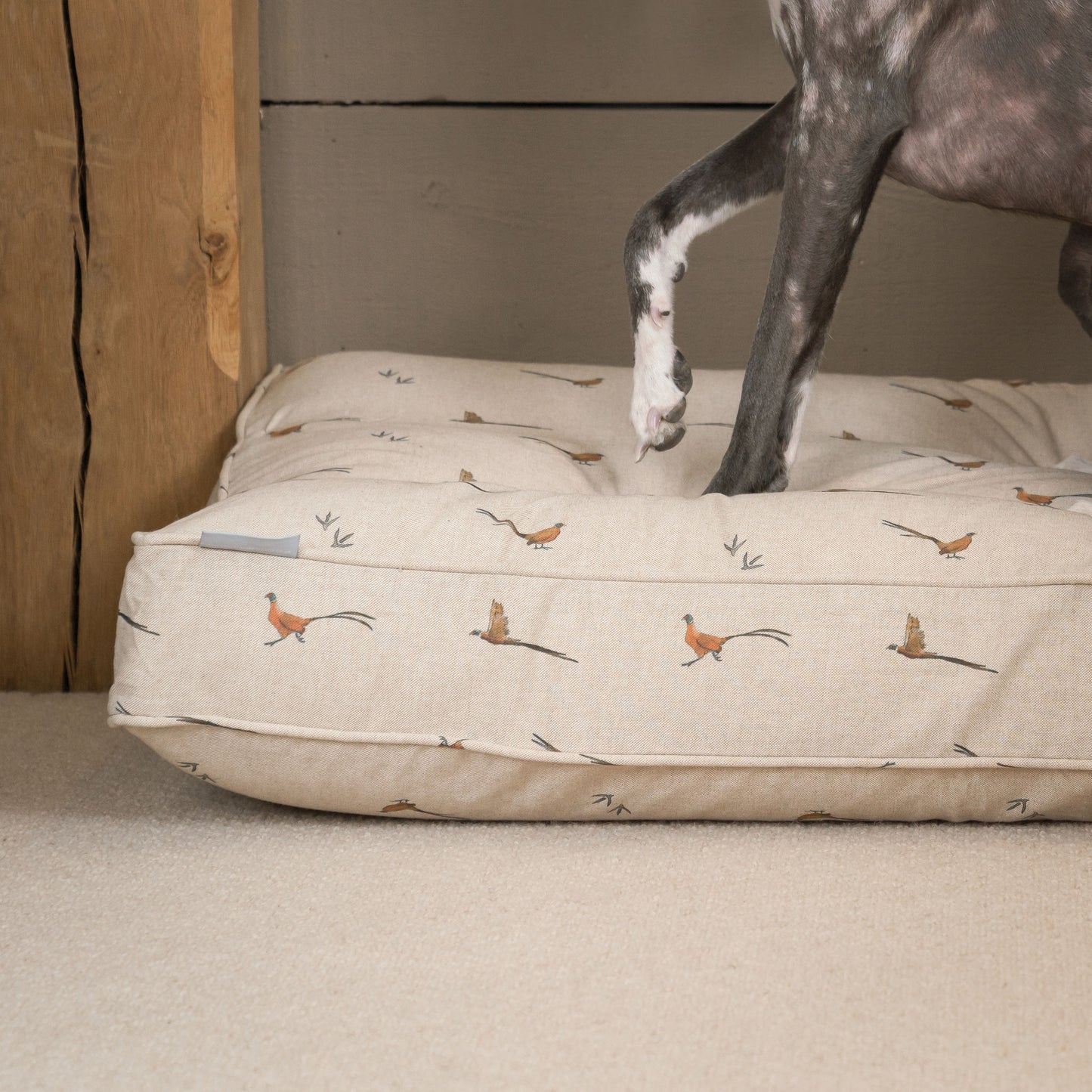 Luxury Dog Cushion, in Woodland Pheasant. Available For Pet Personalization, Handmade Here at Lords & Labradors US! Order The Perfect Pet Cushion Today For The Ultimate Burrow!