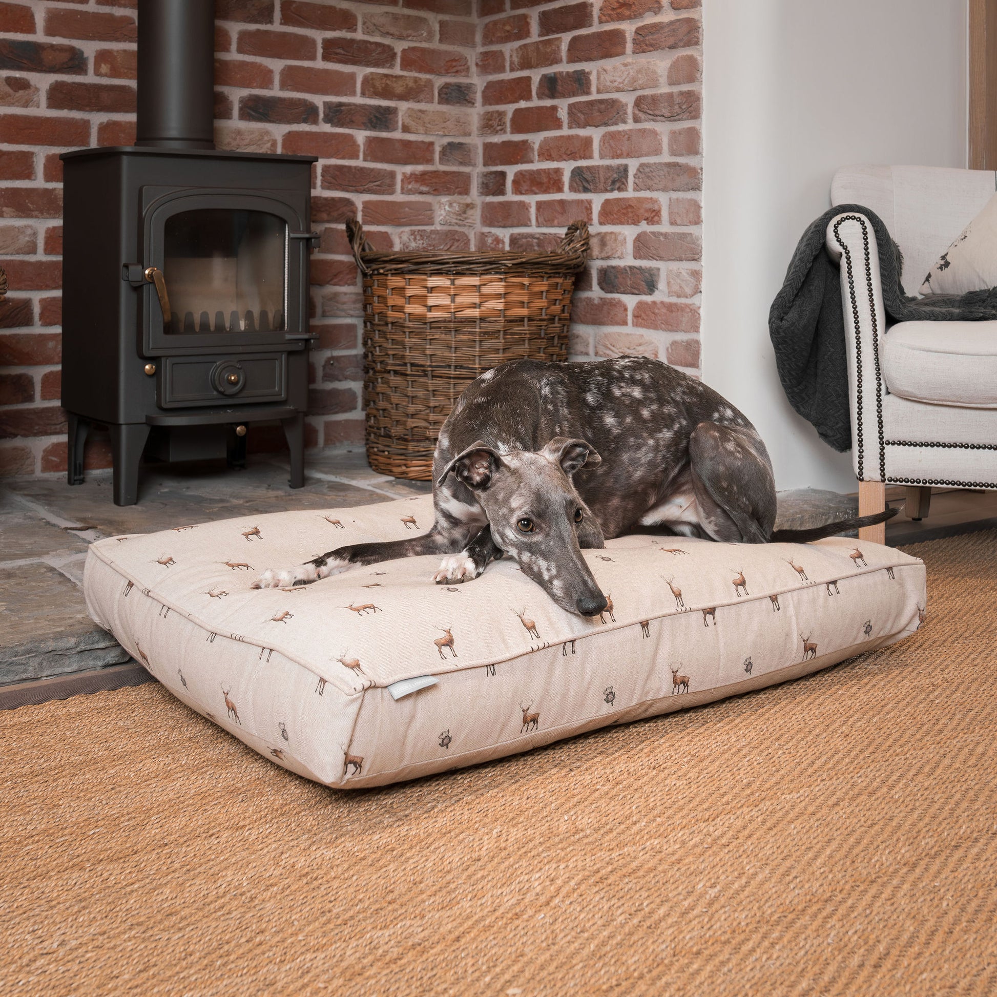 Luxury Woodland Dog Cushion, in Stag. Available For Pet Personalization, Handmade Here at Lords & Labradors US! Order The Perfect Pet Cushion Today For The Ultimate Burrow!