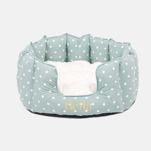 Discover Our Luxurious High Wall Bed For Cats & Kittens, Featuring Reversible Inner Cushion With Teddy Fleece To Craft The Perfect Cat Bed In Stunning Duck Egg Spot! Available To Personalize Now at Lords & Labradors US