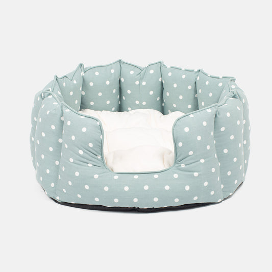 Discover Our Luxurious High Wall Bed For Dogs & Puppies, Featuring Reversible Inner Cushion With Teddy Fleece To Craft The Perfect Dog Bed In Stunning Duck Egg Spot! Available To Personalize Now at Lords & Labradors US