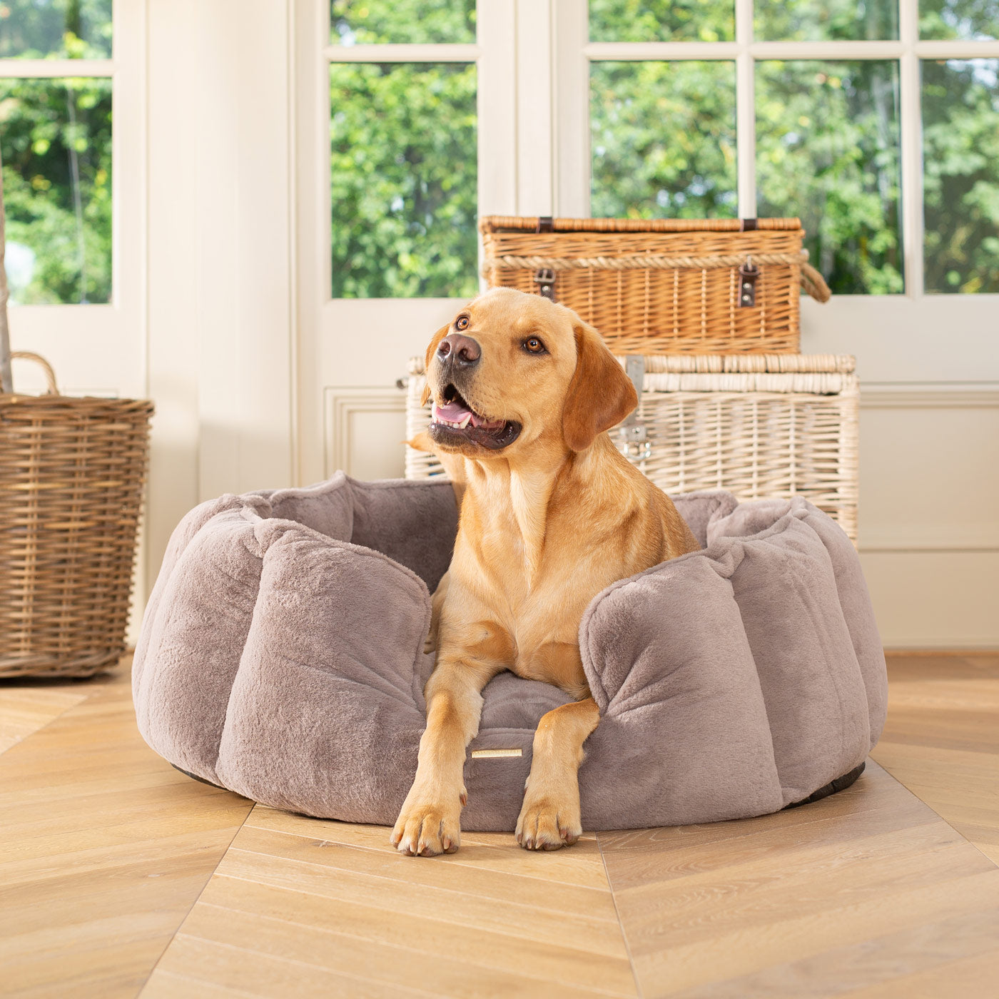 High Wall Bed For Dogs in Calming Anti-Anxiety Fawn Faux Fur by Lords & Labradors