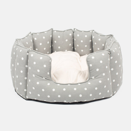 Discover Our Luxurious High Wall Bed For Dogs & Puppies, Featuring Reversible Inner Cushion With Teddy Fleece To Craft The Perfect Dog Bed In Stunning Grey Spot! Available To Personalize Now at Lords & Labradors US