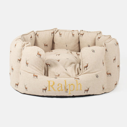 Discover the perfect high wall dog bed in the beautifully crafted woodland collection, this comfortable and cosy bed for dogs features an inner pillow with a plush fleece on the other side for a luxurious touch! Available to personalise now at Lords & Labradors    