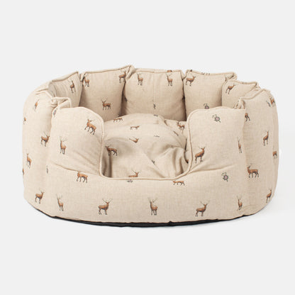 Discover the perfect high wall dog bed in the beautifully crafted woodland collection, this comfortable and cosy bed for dogs features an inner pillow with a plush fleece on the other side for a luxurious touch! Available to personalise now at Lords & Labradors    