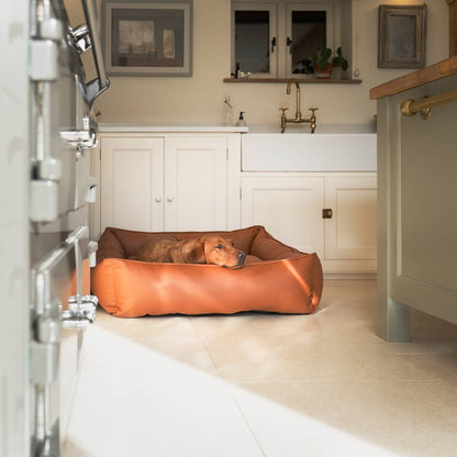 Luxury Handmade Box Bed in Rhino Tough Desert Faux Leather, in Ember, Perfect For Your Pets Nap Time! Available To Personalize at Lords & Labradors US