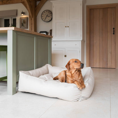 Luxury Handmade Box Bed in Rhino Tough Desert Faux Leather, in Sand, Perfect For Your Pets Nap Time! Available To Personalize at Lords & Labradors US