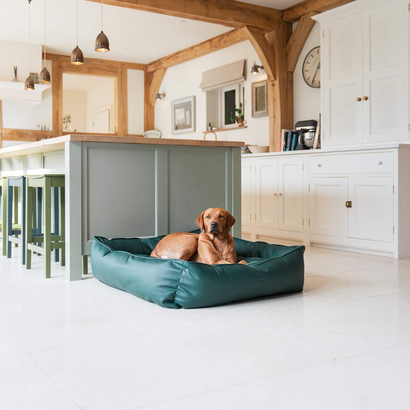 Luxury Handmade Box Bed in Rhino Tough Jungle Faux Leather, in Forest Green, Perfect For Your Pets Nap Time! Available To Personalize at Lords & Labradors US