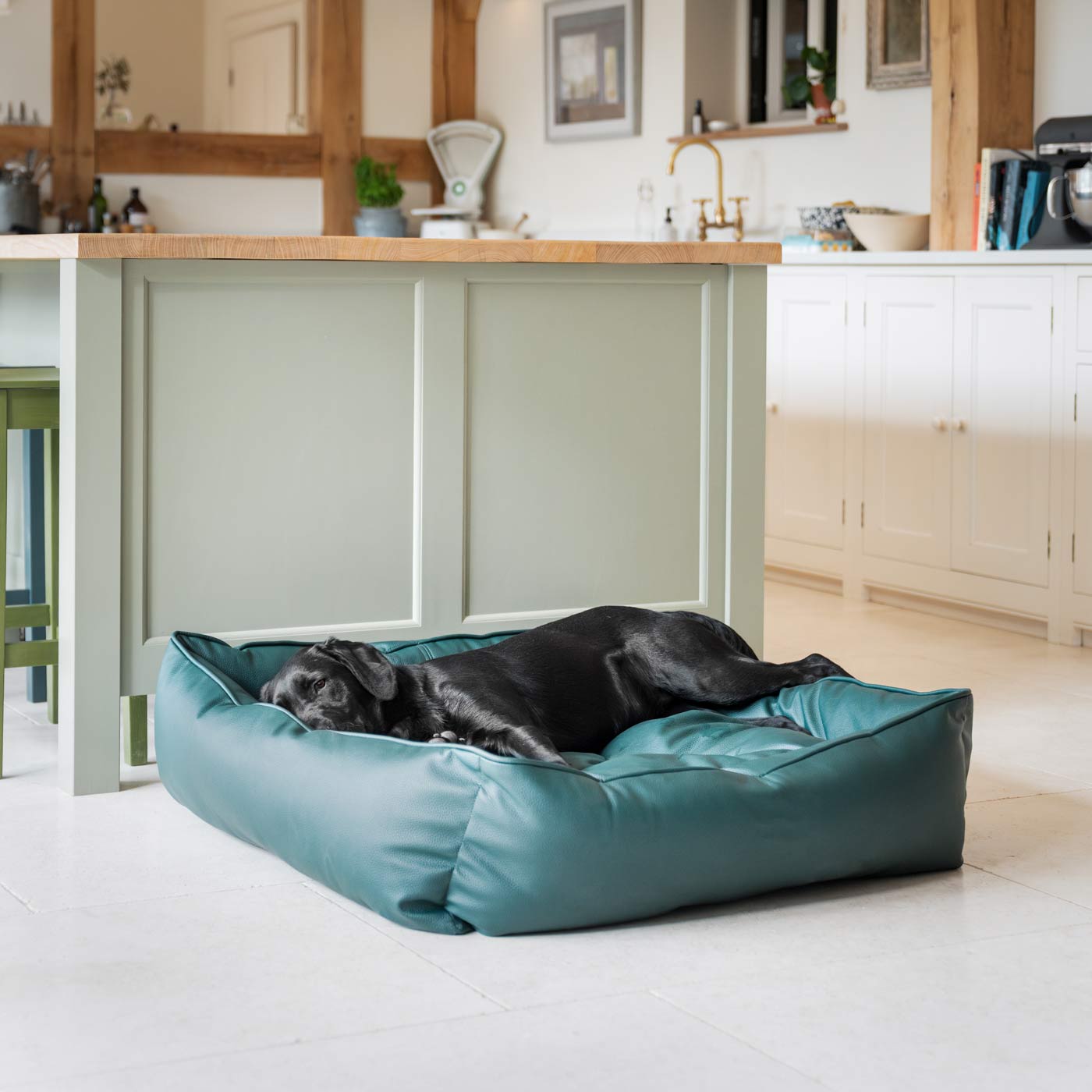 Luxury Handmade Box Bed in Rhino Tough Jungle Faux Leather, in Forest Green, Perfect For Your Pets Nap Time! Available To Personalize at Lords & Labradors US