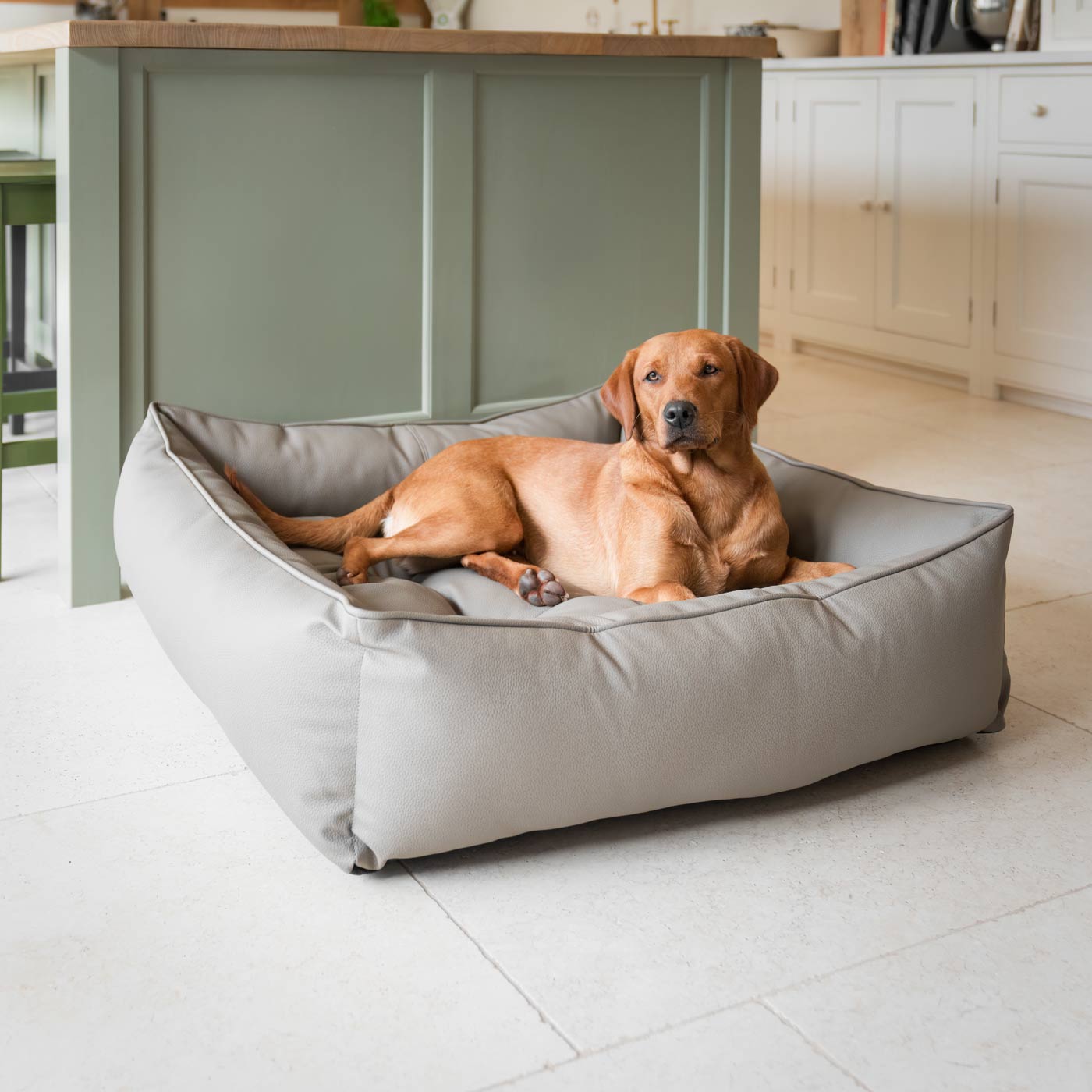 Luxury Handmade Box Bed in Rhino Tough Desert Faux Leather, in Camel, Perfect For Your Pets Nap Time! Available To Personalize at Lords & Labradors US