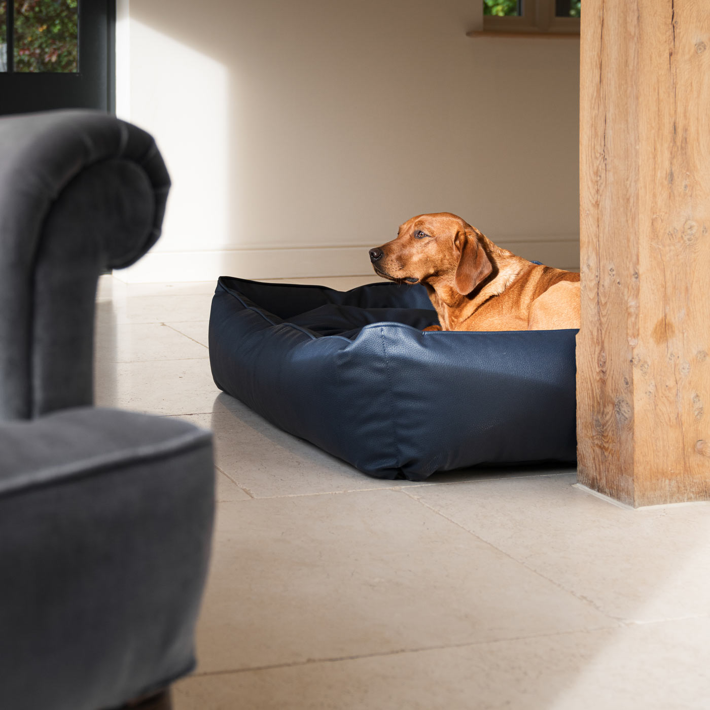 Luxury Handmade Box Bed in Rhino Tough Jungle Faux Leather, in Pacific, Perfect For Your Pets Nap Time! Available To Personalize at Lords & Labradors US