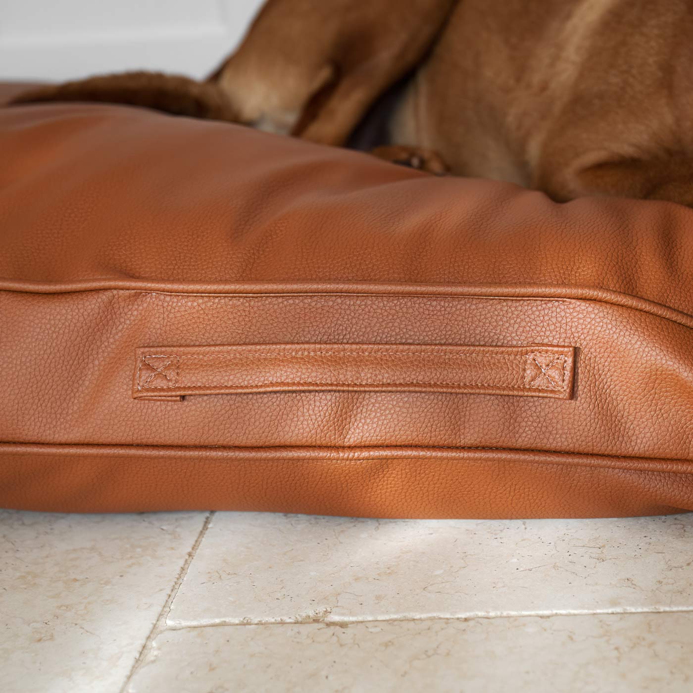Luxury Dog Cushion in Rhino Tough Desert Faux Leather in Ember. The Perfect Pet Bed Time Accessory! Available Now at Lords & Labradors US
