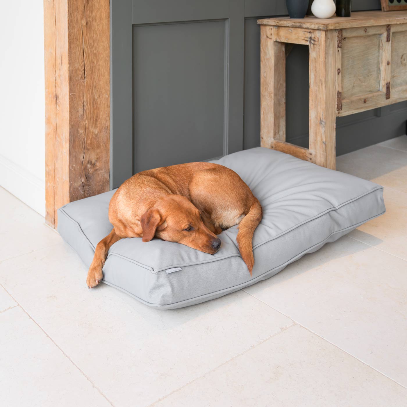 Luxury Dog Cushion in Rhino Tough Jungle Granite Faux Leather, The Perfect Pet Bed Time Accessory! Available Now at Lords & Labradors US