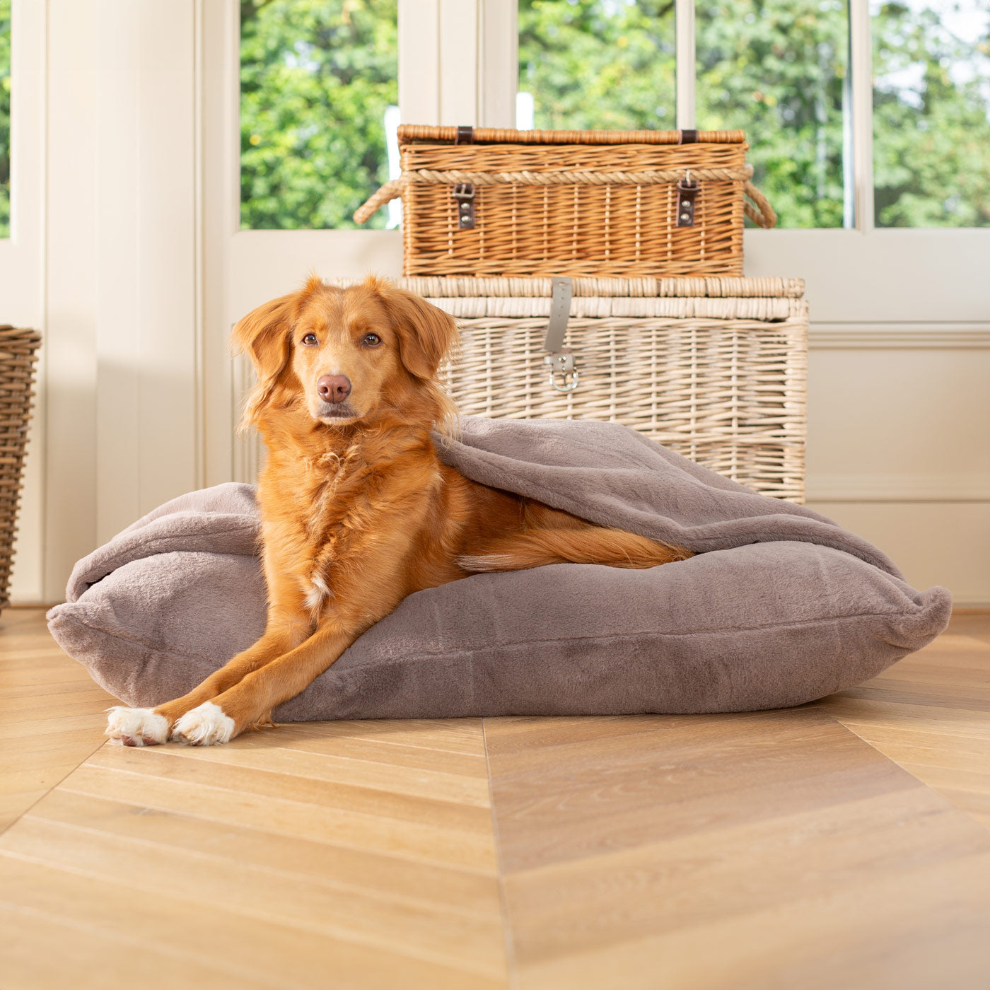 Sleepy Burrows Bed in Calming Anti-Anxiety Fawn Faux Fur by Lords & Labradors