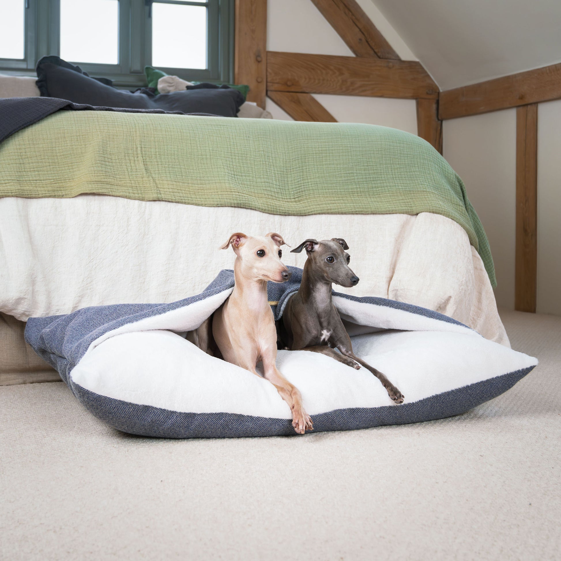 Discover The Perfect Burrow For Your Pet, Our Stunning Sleepy Burrow Dog Beds In Oxford Herringbone Is The Perfect Bed Choice For Your Pet, Available Now at Lords & Labradors US