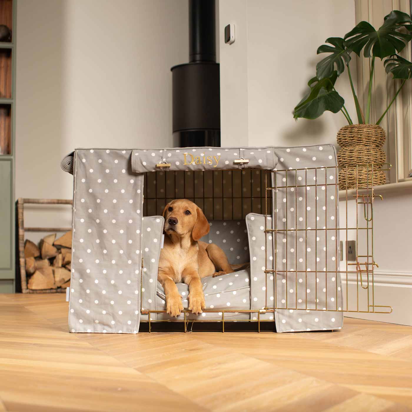 Luxury Gold Dog Cage Set With Cushion, Bumper and Cage Cover. The Perfect Dog Cage For The Ultimate Naptime, Available Now at Lords & Labradors US