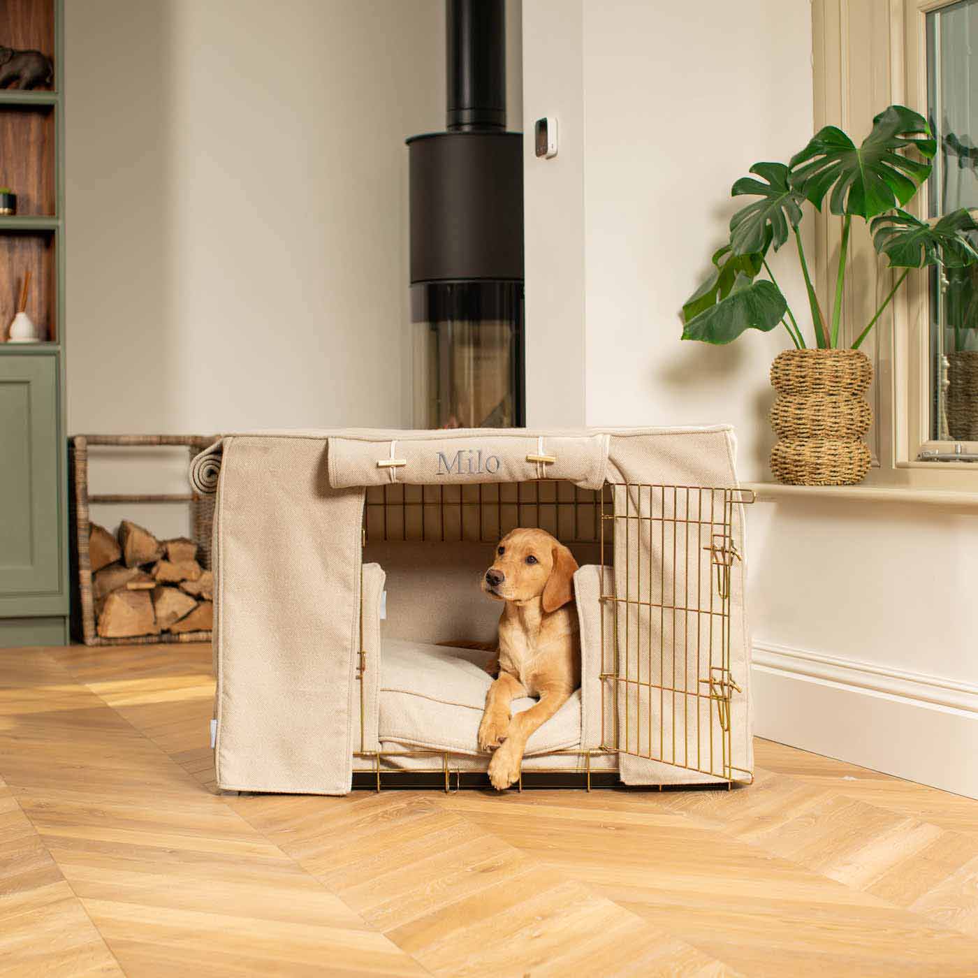 Dog Cage Set In Natural Herringbone Tweed By Lords Labradors