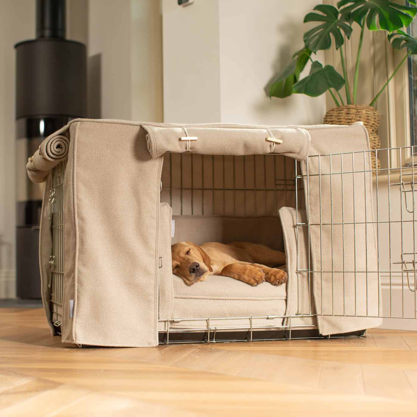 Luxury Heavy Duty Dog Cage, In Stunning Natural Herringbone Tweed Cage Set, The Perfect Dog Cage Set For Building The Ultimate Pet Den! Dog Cage Cover Available To Personalize at Lords & Labradors US