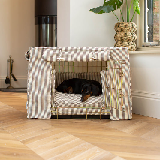 Luxury Gold Dog Cage Set With Cushion, Bumper and Cage Cover, in Regency Stripe. The Perfect Dog Cage For The Ultimate Naptime, Available Now at Lords & Labradors US