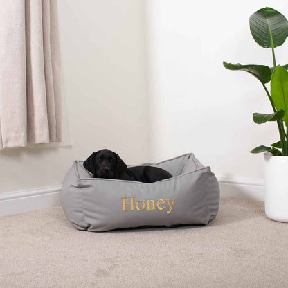 Luxury Handmade Box Bed in Rhino Tough Jungle Faux Leather, in Granite, Perfect For Your Pets Nap Time! Available To Personalize at Lords & Labradors US